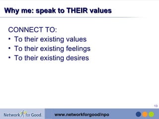 Why me: speak to THEIR values CONNECT TO: To their existing values To their existing feelings To their existing desires 