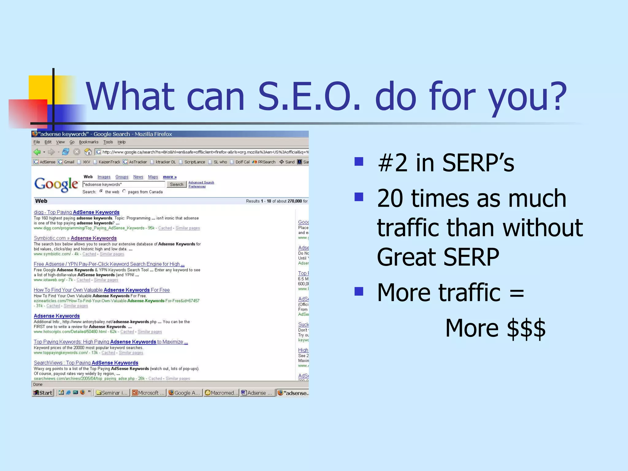 What can S.E.O. do for you? #2 in SERP’s 20 times as much traffic than without Great SERP More traffic =  More $$$ 