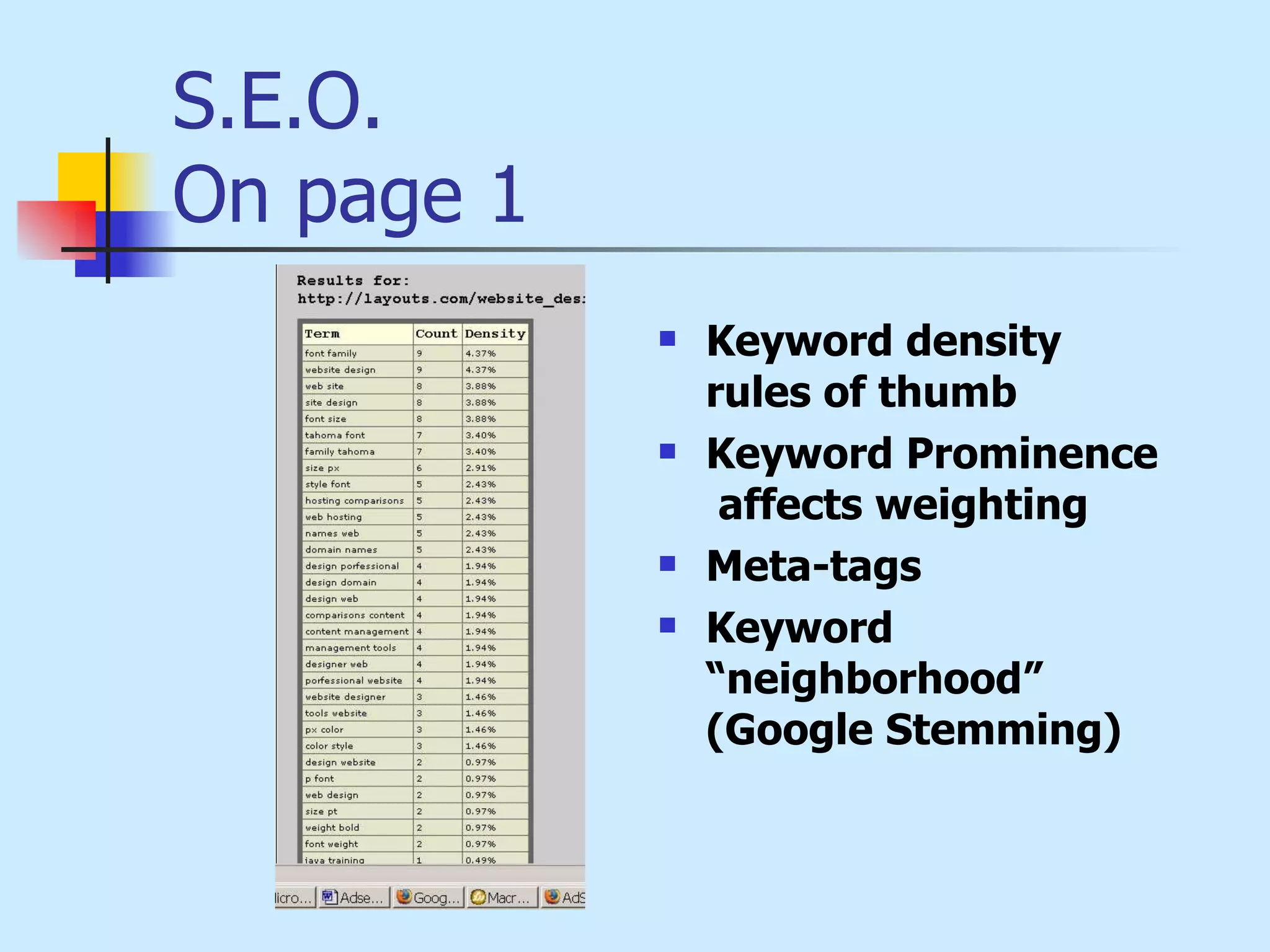 S.E.O. On page 1   Keyword density rules of thumb Keyword Prominence  affects weighting  Meta-tags  Keyword “neighborhood” (Google Stemming)   