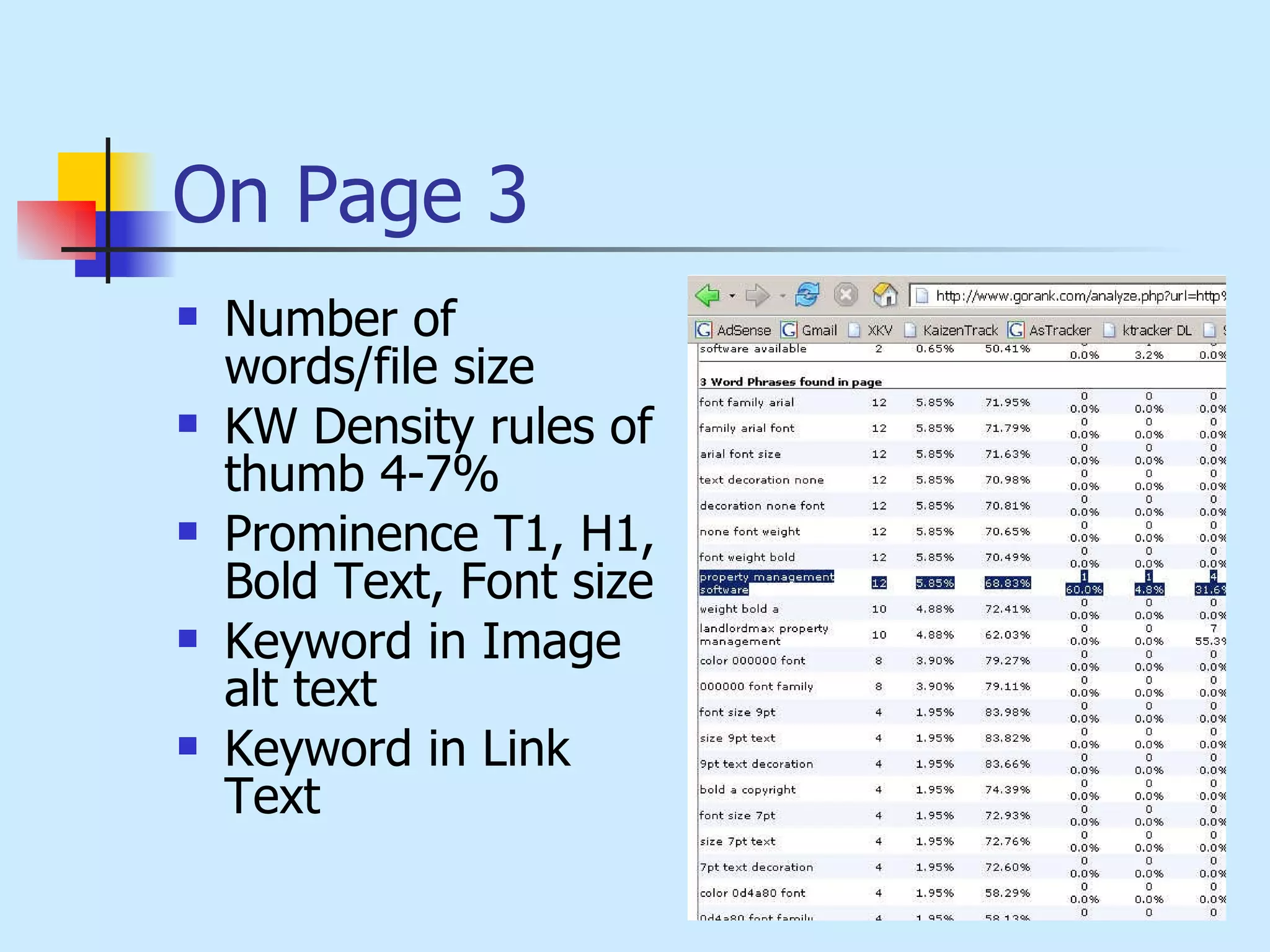 On Page 3 Number of words/file size KW Density rules of thumb 4-7% Prominence T1, H1, Bold Text, Font size Keyword in Image alt text Keyword in Link Text 