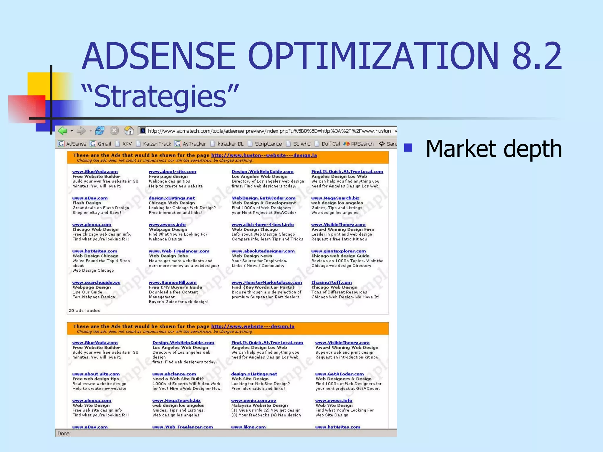 ADSENSE OPTIMIZATION 8.2 “Strategies” Market depth 