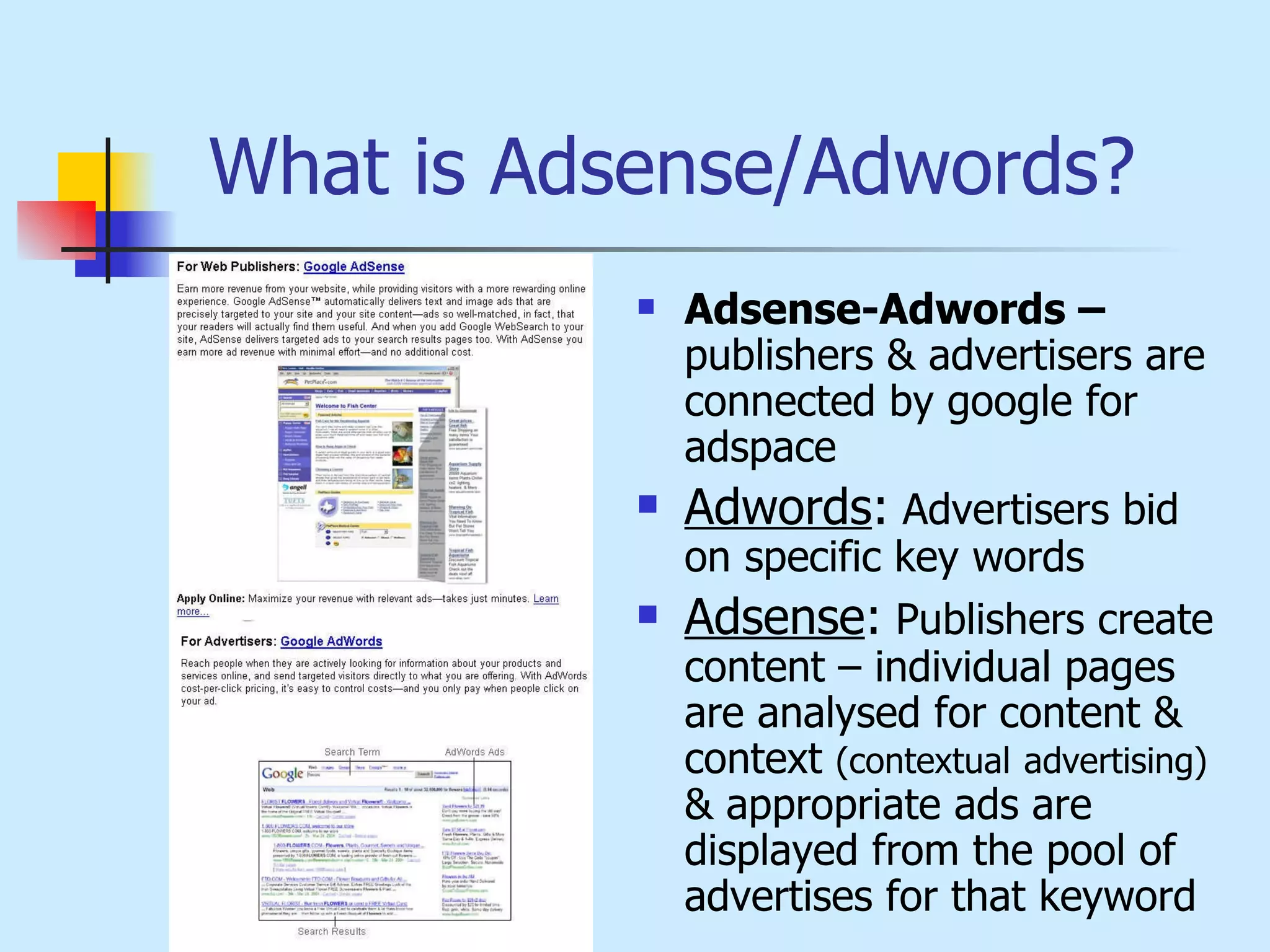 What is Adsense/Adwords?   Adsense-Adwords –  publishers & advertisers are connected by google for adspace Adwords :  Advertisers bid on specific key words Adsense :  Publishers create content – individual pages are analysed for content & context  (contextual   advertising)  & appropriate ads are displayed from the pool of advertises for that keyword 
