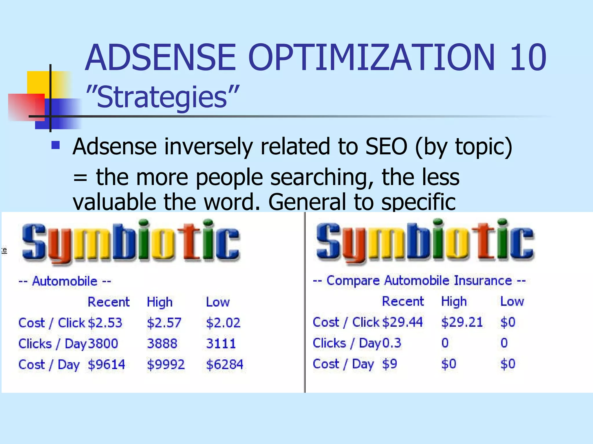 ADSENSE OPTIMIZATION 10  ”Strategies” Adsense inversely related to SEO (by topic)  = the more people searching, the less valuable the word. General to specific  