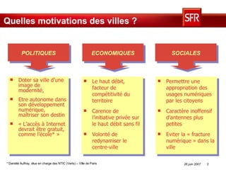 Quelles motivations des villes ? Doter sa ville d’une image de modernité,  Etre autonome dans son développement numérique, maîtriser son destin  « L’accès à Internet devrait être gratuit, comme l’école* » POLITIQUES ECONOMIQUES SOCIALES Le haut débit, facteur de compétitivité du territoire  Carence de l’initiative privée sur le haut débit sans fil  Volonté de redynamiser le centre-ville Permettre une appropriation des usages numériques par les citoyens  Caractère inoffensif d’antennes plus petites  Eviter la « fracture numérique » dans la ville  * Danièle Auffray, élue en charge des NTIC (Verts) – Ville de Paris 