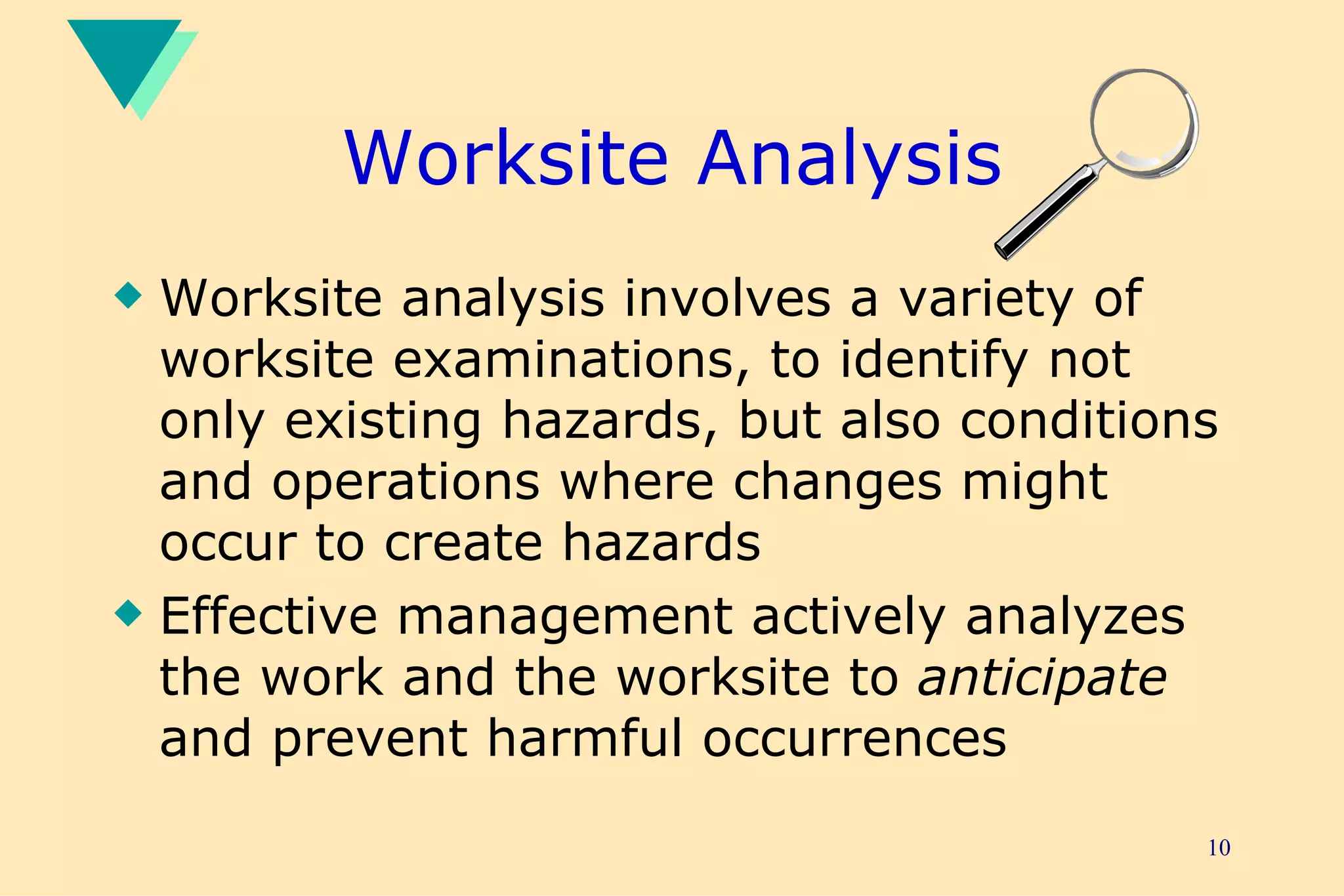 Worksite Analysis Worksite analysis involves a variety of worksite examinations, to identify not only existing hazards, but also conditions and operations where changes might occur to create hazards Effective management actively analyzes the work and the worksite to  anticipate  and prevent harmful occurrences 