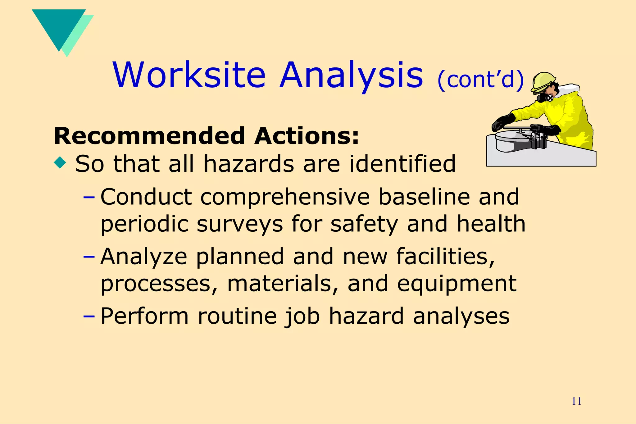 Worksite Analysis  (cont’d) Recommended Actions: So that all hazards are identified Conduct comprehensive baseline and periodic surveys for safety and health  Analyze planned and new facilities, processes, materials, and equipment Perform routine job hazard analyses 