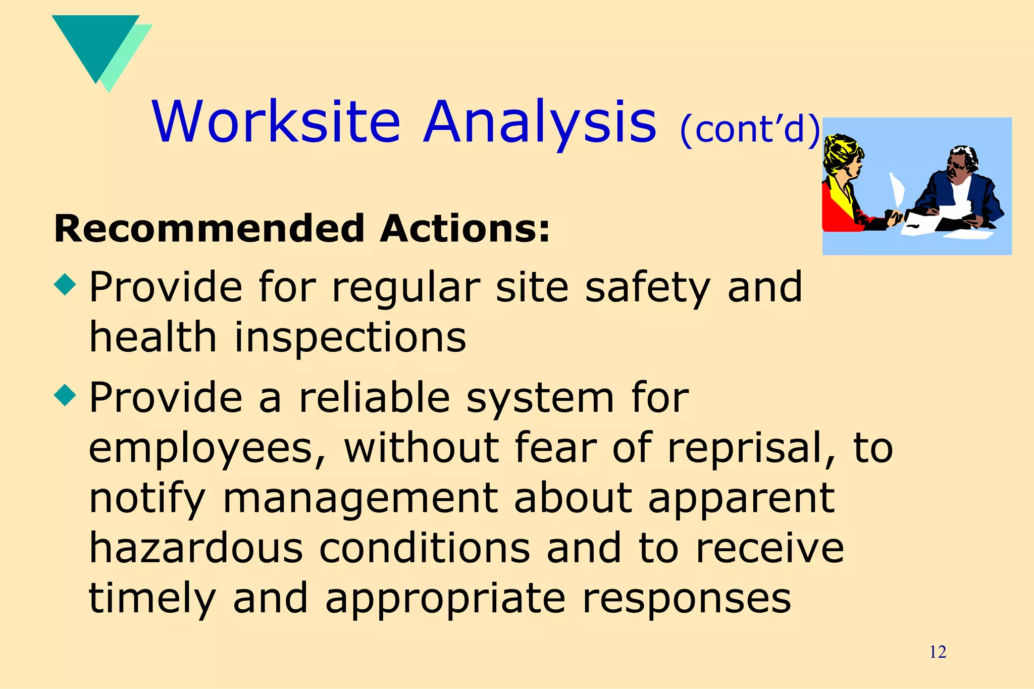 Worksite Analysis  (cont’d) Recommended Actions: Provide for regular site safety and health inspections Provide a reliable system for employees, without fear of reprisal, to notify management about apparent hazardous conditions and to receive timely and appropriate responses 