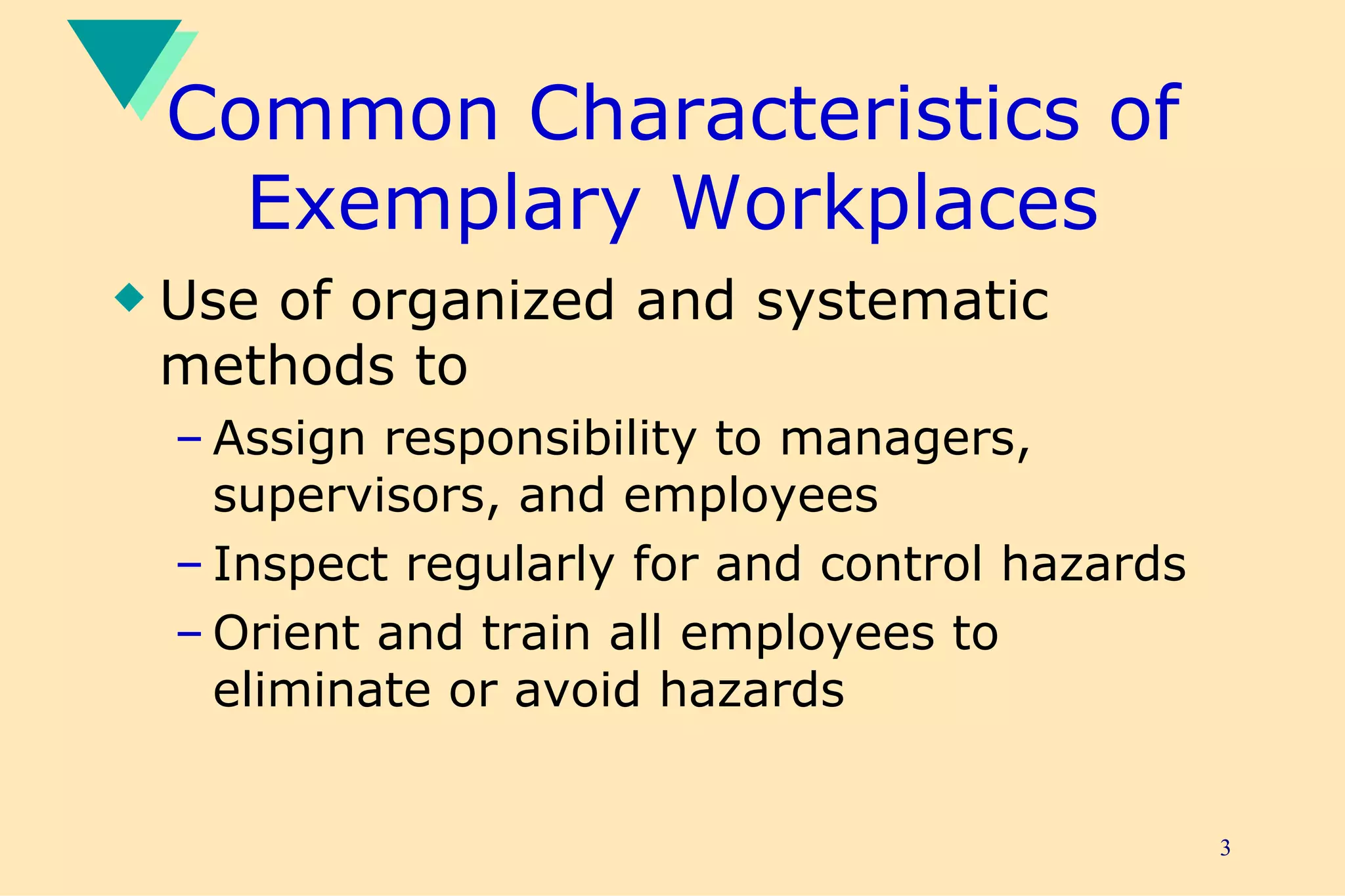 Common Characteristics of Exemplary Workplaces Use of organized and systematic methods to Assign responsibility to managers, supervisors, and employees Inspect regularly for and control hazards Orient and train all employees to eliminate or avoid hazards 