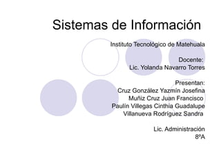 Sistemas de Información Instituto Tecnológico de Matehuala Docente:  Lic. Yolanda Navarro Torres Presentan: Cruz González Yazmín Josefina Muñiz Cruz Juan Francisco  Paulín Villegas Cinthia Guadalupe Villanueva Rodríguez Sandra  Lic. Administración 8ºA 