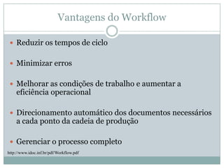 Vantagens do WorkflowReduzir os tempos de cicloMinimizar errosMelhorar as condições de trabalho e aumentar a eficiência operacionalDirecionamento automático dos documentos necessários a cada ponto da cadeia de produçãoGerenciar o processo completohttp://www.idoc.inf.br/pdf/Workflow.pdf