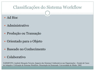 Classificações do Sistema WorkflowAd HocAdministrativoProdução ou TransaçãoOrientado para o ObjetoBaseado no ConhecimentoColaborativoSARMENTO, Anabela Mesquita Teixeira. Impacto dos Sistemas Colaborativos nas Organizações - Estudo de Casos de Adopção e Utilização de Sistemas Workflow. Dissertação de Doutorado. Universidade do Minho. 2002