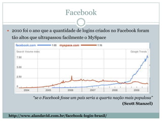 Facebook2010 foi o ano que a quantidade de logins criados no Facebook foram tão altos que ultrapassou facilmente o MySpace“se o Facebook fosse um país seria a quarta nação mais populosa”(Scott Stanzel)http://www.alandavid.com.br/facebook-login-brasil/