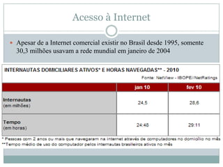 Situação no BrasilApesar do acesso limitado à tecnologia na sociedade brasileira, aA informática e as telecomunicações já são um  segmento importante da economia.  O mercado local de TI movimentou cerca de US$ 18  bilhões em 2001, ou R$ 42,3 bilhões, em 2001. Os serviços de telecomunicações  tiveram receita de US$ 7,3 bilhões no mesmo ano, ou R$ 17,2 bilhões,  enquanto a indústria de  equipamentos faturou R$ 11,4 bilhões. O agregado  tecnologia da informação e  telecomunicações somou então R$ 70,9 bilhões, o  que representa 6% do Produto Interno Bruto Brasileiro (PIB), que acumulou R$ 1,2 trilhão em 2001, segundo o Instituto Brasileiro de Geografia e Estatística (IBGE). 