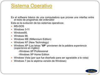 Sistema Operativo

Es el software básico de una computadora que provee una interfaz entre
  el resto de programas del ordenador
Esta es la evolución de los sistemas operativos:
 MS-DOS
 Windows 3-11
 Windows95.
 Windows 98.
 Windows ME (Millennium Edition)
 Windows NT (New Technology)
 Windows XP (Las letras "XP" provienen de la palabra experiencia
  (experience en inglés))
       -Windows XP Professional
       -Windows XP Home Edition
 Windows Vista (por que fue diseñado para ser agradable a la vista)
 Windows 7 (es la séptima versión de Windows)



                                                                Softwa
                                                                re
 