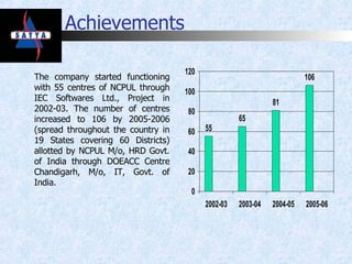 Achievements The company started functioning with 55 centres of NCPUL through IEC Softwares Ltd., Project in 2002-03. The number of centres increased to 106 by 2005-2006 (spread throughout the country in 19 States covering 60 Districts) allotted by NCPUL M/o, HRD Govt. of India through DOEACC Centre Chandigarh, M/o, IT, Govt. of India.  