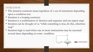 ITERATION
• The iteration construct mean repetition of a set-of-statements depending
upon a condition-test.
• Iteration is a looping construct
• Iteration is a combination of decision and sequence and can repeat steps
• Iteration can be thought of as “while something is true, do this, otherwise
stop”
• Iteration logic is used when one or more instructions may be executed
several times depending on some condition .
 