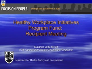 Healthy Workplace Initiatives Program Fund:  Recipient Meeting Suzanne Jolly, M. Ed HSE Coordinator (Health Promotion Programs) Department of Health, Safety and Environment 