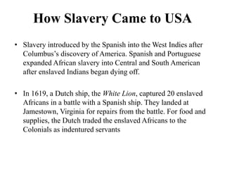How Slavery Came to USA
• Slavery introduced by the Spanish into the West Indies after
Columbus’s discovery of America. Spanish and Portuguese
expanded African slavery into Central and South American
after enslaved Indians began dying off.
• In 1619, a Dutch ship, the White Lion, captured 20 enslaved
Africans in a battle with a Spanish ship. They landed at
Jamestown, Virginia for repairs from the battle. For food and
supplies, the Dutch traded the enslaved Africans to the
Colonials as indentured servants
 