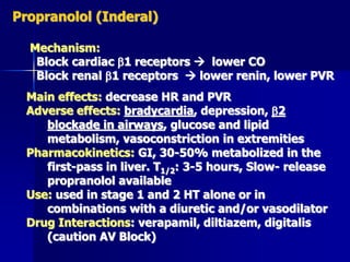 Propranolol (Inderal)
Mechanism:
Block cardiac 1 receptors  lower CO
Block renal 1 receptors  lower renin, lower PVR
Main effects: decrease HR and PVR
Adverse effects: bradycardia, depression, 2
blockade in airways, glucose and lipid
metabolism, vasoconstriction in extremities
Pharmacokinetics: GI, 30-50% metabolized in the
first-pass in liver. T1/2: 3-5 hours, Slow- release
propranolol available
Use: used in stage 1 and 2 HT alone or in
combinations with a diuretic and/or vasodilator
Drug Interactions: verapamil, diltiazem, digitalis
(caution AV Block)
 