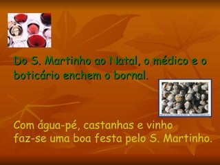 Do S. Martinho ao Natal, o médico e o boticário enchem o bornal.  Com água-pé, castanhas e vinho  faz-se uma boa festa pelo S. Martinho.   
