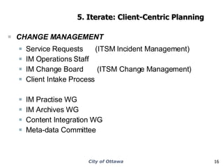 5. Iterate: Client-Centric Planning CHANGE MANAGEMENT Service Requests  (ITSM Incident Management) IM Operations Staff IM Change Board  (ITSM Change Management) Client Intake Process IM Practise WG IM Archives WG Content Integration WG Meta-data Committee 