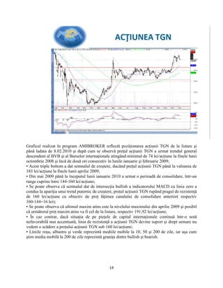 14
Graficul realizat în program AMIBROKER reflectă poziţionarea acţiunii TGN de la listare şi
până ladata de 8.02.2010 şi după cum se observă preţul acţiunii TGN a urmat trendul general
descendent al BVB şi al Burselor internaţionale atingând minimul de 74 lei/acţiune la finele lunii
octombrie 2008 şi încă de două ori consecutiv în lunile ianuarie şi februarie 2009;
• Acest triple bottom a dat semnalul de creştere, ducând preţul acţiunii TGN până la valoarea de
183 lei/acţiune la finele lunii aprilie 2009;
• Din mai 2009 până la începutul lunii ianuarie 2010 a urmat o perioadă de consolidare, într‐un
range cuprins între 144‐160 lei/acţiune;
• Se poate observa că semnalul dat de intersecţia bullish a indicatorului MACD cu linia zero a
condus la apariţia unui trend puternic de creştere, preţul acţiunii TGN rupând pragul de rezistenţă
de 160 lei/acţiune cu obiectiv de preţ lăţimea canalului de consolidare anterior( respectiv
160‐144=16 lei);
• Se poate observa că ultimul maxim atins este la nivelului maximului din aprilie 2009 şi posibil
că următorul preţ maxim atins va fi cel de la listare, respectiv 191,92 lei/acţiune;
• În caz contrar, dacă situaţia de pe pieţele de capital internaţionale continuă într‐o notă
nefavorabilă mai accentuată, linia de rezistenţă a acţiunii TGN devine suport şi drept urmare nu
vedem o scădere a preţului acţiunii TGN sub 160 lei/acţiune;
• Liniile roşu, albastru şi verde reprezintă mediile mobile la 10, 50 şi 200 de zile, iar aşa cum
ştim media mobilă la 200 de zile reprezintă graniţa dintre bullish şi bearish.
 