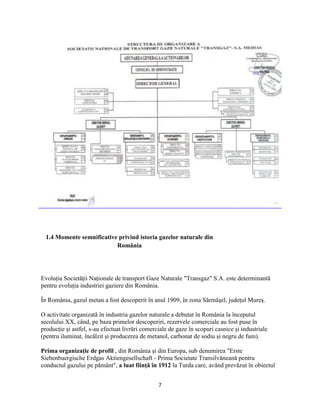7
1.4 Momente semnificative privind istoria gazelor naturale din
România
Evoluţia Societăţii Naţionale de transport Gaze Naturale "Transgaz" S.A. este determinantă
pentru evoluţia industriei gaziere din România.
În România, gazul metan a fost descoperit în anul 1909, în zona Sărmăşel, judeţul Mureş.
O activitate organizată în industria gazelor naturale a debutat în România la începutul
secolului XX, când, pe baza primelor descoperiri, rezervele comerciale au fost puse în
producţie şi astfel, s-au efectuat livrări comerciale de gaze în scopuri casnice şi industriale
(pentru iluminat, încălzit şi producerea de metanol, carbonat de sodiu şi negru de fum).
Prima organizaţie de profil , din România şi din Europa, sub denumirea "Erste
Siebenbuergische Erdgas Aktiengesellschaft - Prima Societate Transilvăneană pentru
conductul gazului pe pământ", a luat fiinţă în 1912 la Turda care, având prevăzut în obiectul
 