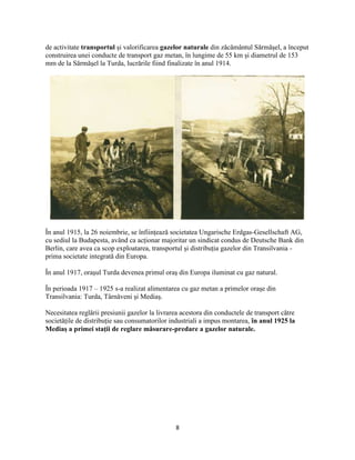 8
de activitate transportul şi valorificarea gazelor naturale din zăcământul Sărmăşel, a început
construirea unei conducte de transport gaz metan, în lungime de 55 km şi diametrul de 153
mm de la Sărmăşel la Turda, lucrările fiind finalizate în anul 1914.
În anul 1915, la 26 noiembrie, se înfiinţează societatea Ungarische Erdgas-Gesellschaft AG,
cu sediul la Budapesta, având ca acţionar majoritar un sindicat condus de Deutsche Bank din
Berlin, care avea ca scop exploatarea, transportul şi distribuţia gazelor din Transilvania -
prima societate integrată din Europa.
În anul 1917, oraşul Turda devenea primul oraş din Europa iluminat cu gaz natural.
În perioada 1917 – 1925 s-a realizat alimentarea cu gaz metan a primelor oraşe din
Transilvania: Turda, Târnăveni şi Mediaş.
Necesitatea reglării presiunii gazelor la livrarea acestora din conductele de transport către
societăţile de distribuţie sau consumatorilor industriali a impus montarea, în anul 1925 la
Mediaş a primei staţii de reglare măsurare-predare a gazelor naturale.
 