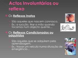 Os  Reflexos Inatos São aqueles que nascem connosco. Ex.: a sucção, tirar a mão quando tocamos num objecto quente… Os  Reflexos Condicionados ou adquiridos São aqueles que se adquirem pela aprendizagem. Ex.: travar um veículo numa situação de emergência… 