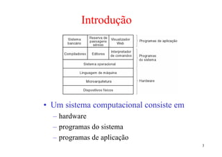 Introdução




• Um sistema computacional consiste em
  – hardware
  – programas do sistema
  – programas de aplicação
                                         3
 