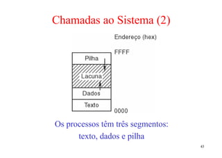 Chamadas ao Sistema (2)




Os processos têm três segmentos:
      texto, dados e pilha
                                   43
 
