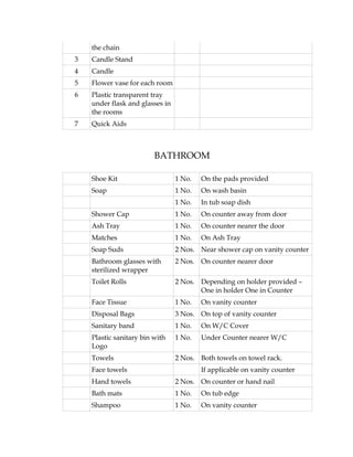 the chain
3   Candle Stand
4   Candle
5   Flower vase for each room
6   Plastic transparent tray
    under flask and glasses in
    the rooms
7   Quick Aids



                         BATHROOM

    Shoe Kit                     1 No.   On the pads provided
    Soap                         1 No.   On wash basin
                                 1 No.   In tub soap dish
    Shower Cap                   1 No.   On counter away from door
    Ash Tray                     1 No.   On counter nearer the door
    Matches                      1 No.   On Ash Tray
    Soap Suds                    2 Nos. Near shower cap on vanity counter
    Bathroom glasses with        2 Nos. On counter nearer door
    sterilized wrapper
    Toilet Rolls                 2 Nos. Depending on holder provided –
                                        One in holder One in Counter
    Face Tissue                  1 No.   On vanity counter
    Disposal Bags                3 Nos. On top of vanity counter
    Sanitary band                1 No.   On W/C Cover
    Plastic sanitary bin with    1 No.   Under Counter nearer W/C
    Logo
    Towels                       2 Nos. Both towels on towel rack.
    Face towels                          If applicable on vanity counter
    Hand towels                  2 Nos. On counter or hand nail
    Bath mats                    1 No.   On tub edge
    Shampoo                      1 No.   On vanity counter
 