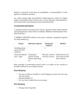 Quality is measured on the basis of acceptability or unacceptability of work
against an arbitatory standard.

e.g. a floor cleaned daily and polished at high frequency will be of a higher
quality of cleanliness than one done once a week. Frequency determination is
most useful when a job cleaning is done intermittent basis.

STANDARD METHODS

A standard must be one that can be met by a general worker. Both materials
and equipment have direct effect on methods. Methods should indicate How,
What and Why?

A PROJECT METHOD indicate man power, materials, equipment required
for stand method e.g.

       Project      Materials required      Equipment             Method
                                             required
Scrubbing floors                            1.
space 20 x 20 ft
cluttered
Scrub uncluttered   All purpose       Wet/dry combi or Start from far end
area – large        cleaner or hard   wet/dry vacuum and work towards
                    cleaner depending                  door entrance
                    on

Basic principle in performing manual work is to utilize as few muscles as
possible and flavour use of larger muscles.

Dust Mopping

   -   Lift mop as little as possible to avoid dripping of duet from the mop
       onto the surface.
   -   Standard height is 5’
   -   On very heavy soiled floor use wet mops.

Wet Mopping

   -   Change water frequently
 