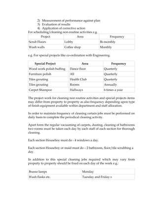 2) Measurement of performance against plan
       3) Evaluation of results
       4) Application of corrective action
For scheduling/cleaning non-routine activities e.g.
         Project                    Area                     Frequency
Scrub Floors               Lobby                      Bi-monthly
Wash walls                 Coffee shop                Monthly

e.g. For special projects like co-ordination with Engineering.

    Special Project                      Area                    Frequency
Wood work polish buffing       Dance floor               Quarterly
Furniture polish               All                       Quarterly
Tiles grouting                 Health Club               Quarterly
Tiles grouting                 Rooms                     Annually
Carpet Shampoo                 Hallways                  6 times a year

The project work for cleaning non routine activities and special projects items
may differ from property to property as also frequency depending upon type
of finish equipment available within department and staff allocation.

In order to maintain frequency of cleaning certain jobs must be performed on
daily basis to complete the periodical cleaning activity.

Apart form the regular vacuuming of carpets, dusting, cleaning of bathrooms
two rooms must be taken each day by each staff of each section for thorough
cleaning.

Each section Houseboy must do - 4 windows a day.

Each section Houseboy or maid must do – 2 bathroom, floor/tile scrubbing a
day.

In addition to this special cleaning jobs required which may vary from
property to property should be fixed on each day of the week e.g.:

Brasso lamps                             Monday
Wash flasks etc.                         Tuesday and Friday s
 