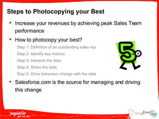 Steps to Photocopying your Best  Increase your revenues by achieving peak Sales Team performance How to photocopy your best? Step 1: Definition of an outstanding sales rep Step 2: Identify key metrics Step 3: Interpret the data Step 4: Share the data Step 5: Drive behaviour change with the data Salesforce.com is the source for managing and driving this change 