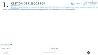 3
GESTIÓN DE RIESGOS PGF
Mostrar el cumplimiento de: Análisis de Causa Raíz (ACR), Comisión de investigación (se incluye aquellos produtos de las
inspecciones).
Comentarios: N.A
- Título: N.A Fecha: N.A
Incluir los ACR de las No Conformidades Graves propias y de clientes y de los Incidentes y los Accidentes PGF.
1.
Follow Up Semanal Contratista _____
 