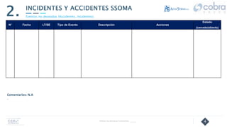 4
INCIDENTES Y ACCIDENTES SSOMA
2.
N° Fecha LT/SE Tipo de Evento Descripción Acciones
Estado
(cerrado/abierto)
Follow Up Semanal Contratista _____
Comentarios: N.A
-
Eventos no deseados (Accidentes, Incidentes).
 