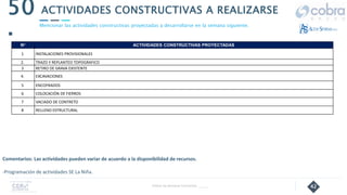 42
ACTIVIDADES CONSTRUCTIVAS A REALIZARSE
50
.
Follow Up Semanal Contratista _____
Mencionar las actividades constructivas proyectadas a desarrollarse en la semana siguiente.
Comentarios: Las actividades pueden variar de acuerdo a la disponibilidad de recursos.
-Programación de actividades SE La Niña.
N° ACTIVIDADES CONSTRUCTIVAS PROYECTADAS
1 INSTALACIONES PROVISIONALES
2. TRAZO Y REPLANTEO TOPOGRAFICO
3 RETIRO DE GRAVA EXISTENTE
4. EXCAVACIONES
5 ENCOFRADOS
6 COLOCACIÓN DE FIERROS
7 VACIADO DE CONTRETO
8 RELLENO ESTRUCTURAL
 