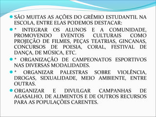 SÃO MUITAS AS AÇÕES DO GRÊMIO ESTUDANTIL NA 
ESCOLA, ENTRE ELAS PODEMOS DESTACAR: 
* INTEGRAR OS ALUNOS E A COMUNIDADE, 
PROMOVENDO EVENTOS CULTURAIS COMO 
PROJEÇÃO DE FILMES, PEÇAS TEATRIAS, GINCANAS, 
CONCURSOS DE POESIA, CORAL, FESTIVAL DE 
DANÇA, DE MÚSICA, ETC. 
* ORGANIZAÇÃO DE CAMPEONATOS ESPORTIVOS 
NAS DIVERSAS MODALIDADES. 
* ORGANIZAR PALESTRAS SOBRE VIOLÊNCIA, 
DROGAS, SEXUALIDADE, MEIO AMBIENTE, ENTRE 
OUTRAS. 
ORGANIZAR E DIVULGAR CAMPANHAS DE 
AGASALHO, DE ALIMENTOS E DE OUTROS RECURSOS 
PARA AS POPULAÇÕES CARENTES. 
 