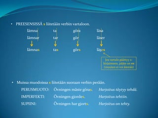 • PREESENSISSÄ s liitetään verbin vartaloon.
         lämna         ta         göra          läsa
         lämnar        tar        gör           läser


         lämnas        tas        görs          läses

                                                        Jos vartalo päättyy s-
                                                       kirjaimeen, pääte on es
                                                       (muuten ei voi ääntää)




• Muissa muodoissa s liitetään suoraan verbin perään.
     PERUSMUOTO:       Övningen måste göras.     Harjoitus täytyy tehdä.
     IMPERFEKTI:       Övningen gjordes.         Harjoitus tehtiin.
     SUPIINI:          Övningen har gjorts.      Harjoitus on tehty.
 