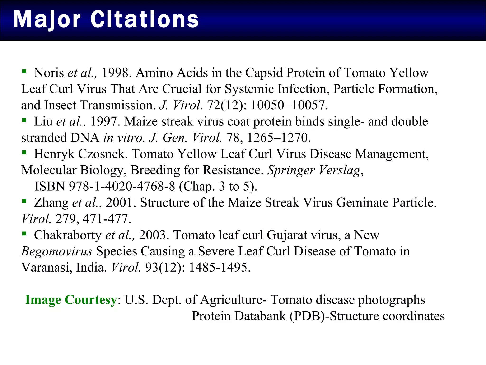 Major Citations  Noris  et al.,  1998. Amino Acids in the Capsid Protein of Tomato Yellow Leaf Curl Virus That Are Crucial for Systemic Infection, Particle Formation, and Insect Transmission.  J. Virol.  72(12): 10050–10057.  Liu  et al.,  1997. Maize streak virus coat protein binds single- and double stranded DNA  in vitro. J. Gen. Virol.  78, 1265–1270. Henryk Czosnek. Tomato Yellow Leaf Curl Virus Disease Management, Molecular Biology, Breeding for Resistance.  Springer Verslag ,  ISBN 978-1-4020-4768-8 (Chap. 3 to 5). Zhang  et al.,  2001. Structure of the Maize Streak Virus Geminate Particle.  Virol.  279, 471-477.  Chakraborty  et al.,  2003. Tomato leaf curl Gujarat virus, a New  Begomovirus  Species Causing a Severe Leaf Curl Disease of Tomato in Varanasi, India.  Virol.  93(12): 1485-1495. Image Courtesy : U.S. Dept. of Agriculture- Tomato disease photographs  Protein Databank (PDB)-Structure coordinates  