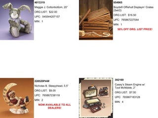 4013319                        654965
Maggie J. Cottonbottom, 20”    Boyds® Offishull Displayin’ Crates
                               (Set/2)
ORG LIST: $22.00
                               ORG LIST: $16.50
UPC: 045544207157
                               UPC: 765867227044
MIN: 1
                               MIN: 1
                                  50% OFF ORG. LIST PRICE!




228520PAW                       392169

Nicholas B. Sleepyhead, 5.5”    Casey’s Steam Engine w/
                                Toot McNibble, 2”
ORG LIST: $9.00
                                ORG LIST: $7.00
UPC: 765867238118
                                UPC: 765867183128
MIN: 2
                                MIN: 4
   NOW AVAILABLE TO ALL
        DEALERS!
 