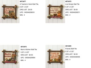 4013477                       4013475
A Teacher’s Hand Wall Tile,   Live Simply Wall Tile
5.25” x 5.25”                 5.25” x 5.25”
ORG LIST: $4.50               ORG LIST: $4.50
UPC: 045544209618             UPC: 045544209571
MIN: 4                        MIN: 4




 4013474                      4013405

 Mom’s Kitchen Wall Tile      Friends Wall Tile
                              5.25” x 5.25”
 5.25” x 5.25”
                              ORG LIST: $4.50
 ORG LIST: $4.50
                              UPC: 045544208406
 UPC: 045544209564
                              MIN: 4
 MIN: 4
 