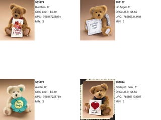 903179              903157
Bunches, 8”         Lil’ Angel, 8”
ORG LIST: $5.50     ORG LIST: $5.50
UPC: 765867228874   UPC: 765867213481
MIN: 3              MIN: 3




903172              903094
Auntie, 8”          Smiley B. Bear, 8”
ORG LIST: $5.50     ORG LIST: $5.50
UPC: 765867228768   UPC: 765867103607
MIN: 3              MIN: 3
 