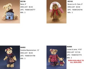 903196                        903193
Nana, 8”                      Nurse Luv N. Care, 8”
ORG LIST: $5.50               ORG LIST: $5.50
UPC: 765867240777             UPC: 765867240746
MIN: 3                        MIN: 3




                             904900
904902
                             Louise & Janie, 14”/6”
Caroline Bearamerican, 12”
                             ORG LIST: $17.50
ORG LIST: $9.50
                             UPC: 765867241774
UPC: 765867241798
                             MIN: 2
MIN: 3
                              NOW AVAILABLE TO
                                ALL DEALERS!
 