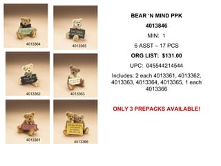 BEAR ‘N MIND PPK
                                 4013846
                                  MIN: 1
4013364   4013365            6 ASST – 17 PCS
                            ORG LIST: $131.00
                            UPC: 045544214544
                     Includes: 2 each 4013361, 4013362,
                     4013363, 4013364, 4013365, 1 each
                                   4013366
4013362   4013363



                     ONLY 3 PREPACKS AVAILABLE!




4013361    4013366
 