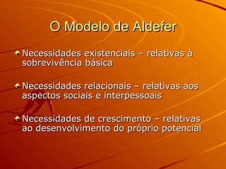 O Modelo de Aldefer Necessidades existenciais – relativas à sobrevivência básica Necessidades relacionais – relativas aos aspectos sociais e interpessoais Necessidades de crescimento – relativas ao desenvolvimento do próprio potencial 