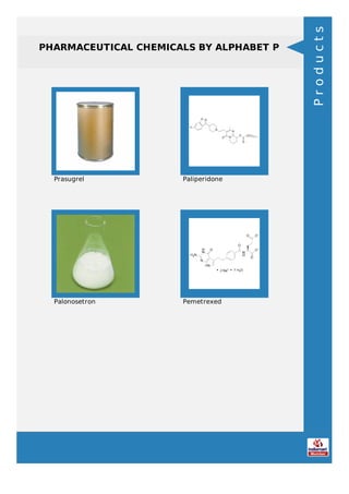 PHARMACEUTICAL CHEMICALS BY ALPHABET P
Prasugrel Paliperidone
Palonosetron Pemetrexed
Products
 