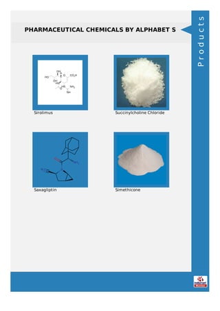 PHARMACEUTICAL CHEMICALS BY ALPHABET S
Sirolimus Succinylcholine Chloride
Saxagliptin Simethicone
Products
 