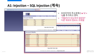 A1: Injection – SQL Injection (계속)
 브라우저의 주소창에 [' or '1' =
'1]를 추가하고 엔터
 “개발자가 의도하지 않았던”
다른 계좌의 정보도 조회됨
43/120
 